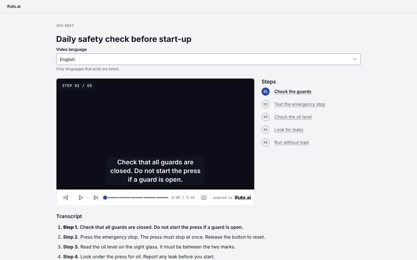 A topic page with the video player: the step label STEP 01 / 05, a caption on the video, play controls, a list of five steps and the transcript below.